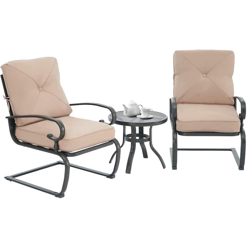 Nista 3 Piece Outdoor Patio C-Spring Bistro Set Dining Chairs with Cushions and Coffee Table by Havenside Home - Brown