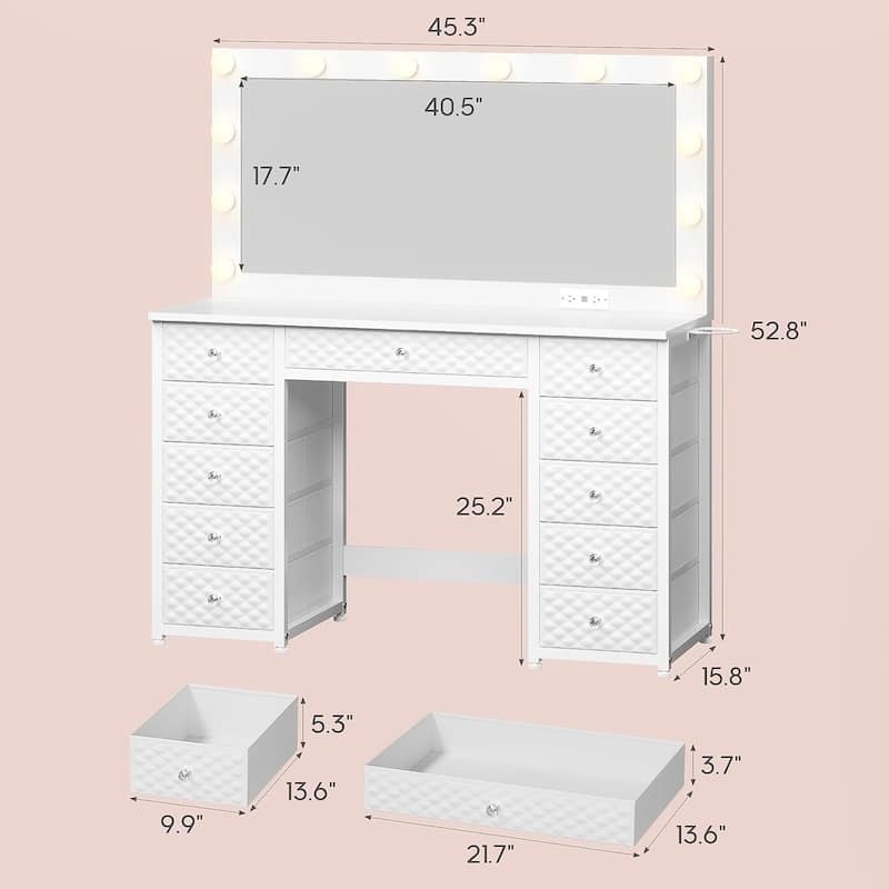 Vanity with Extra Large Mirror and Lights Power Strip 3 Color Modes