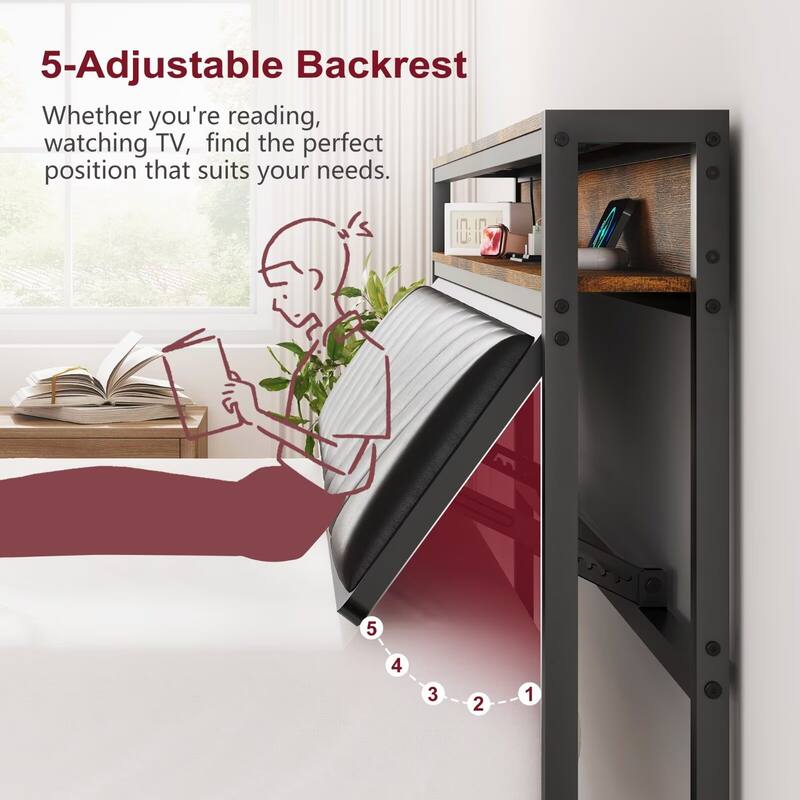 Full Size Metal Platform Bed Frame with Adjustable Upholstered Headboard, Charging Station