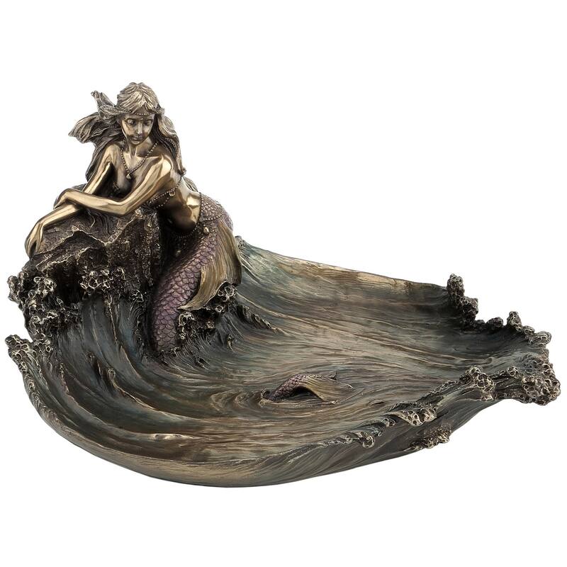 Veronese Design 11.42" L MERMAID LEANING ON ROCK (MBZ+COLOR) Cold Cast Bronze