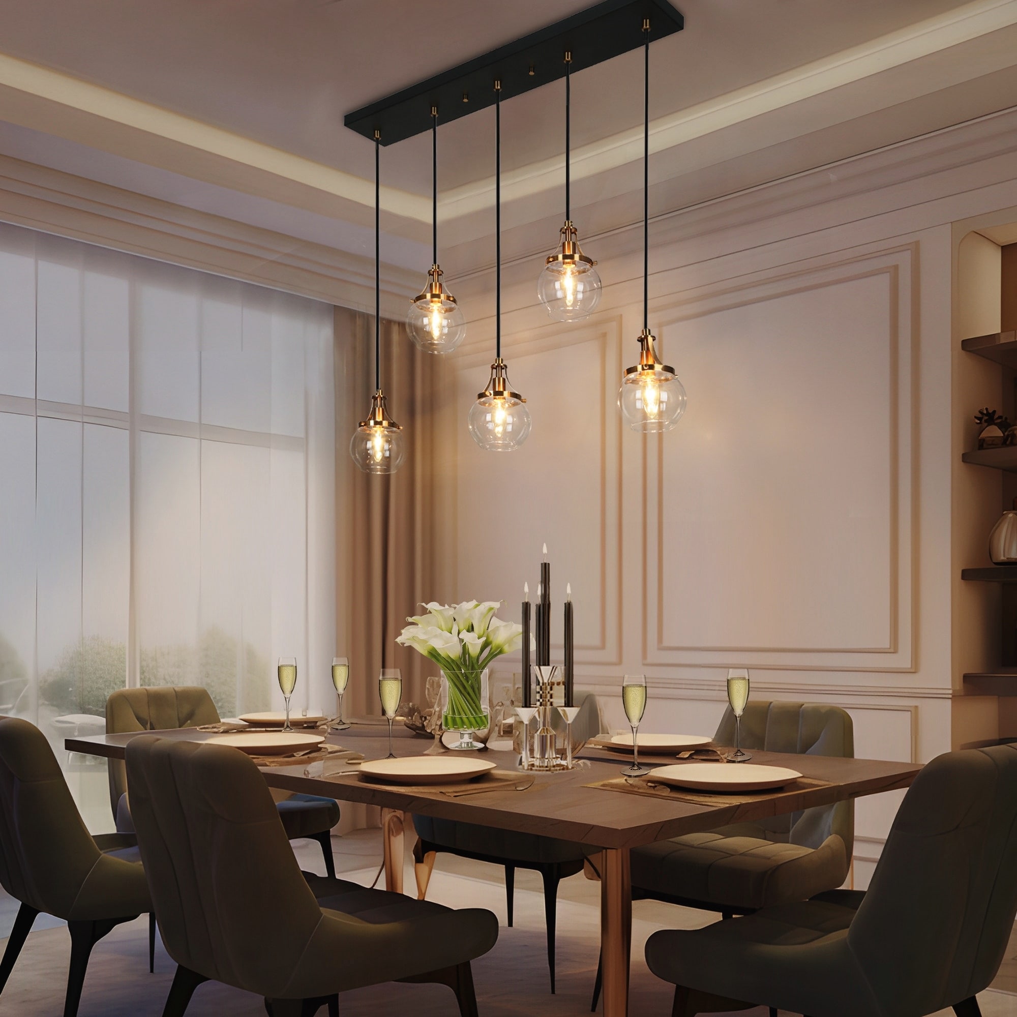 Transitional 5 Light Black and Brass Linear Cluster Chandelier for Kitchen Island with Clear Globe Glass Shade