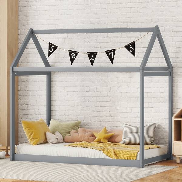 slide 2 of 9, Gray Twin Size Wooden House Bed with Roof for Kids, Boys and Girls, Bedroom Gray