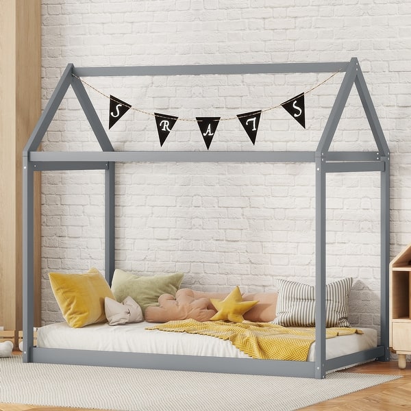 slide 2 of 18, Twin Size Wooden House Bed in Grey, Pine Wood & MDF Frame, Durable & Sturdy Construction, Ideal for Kids' Bedroom