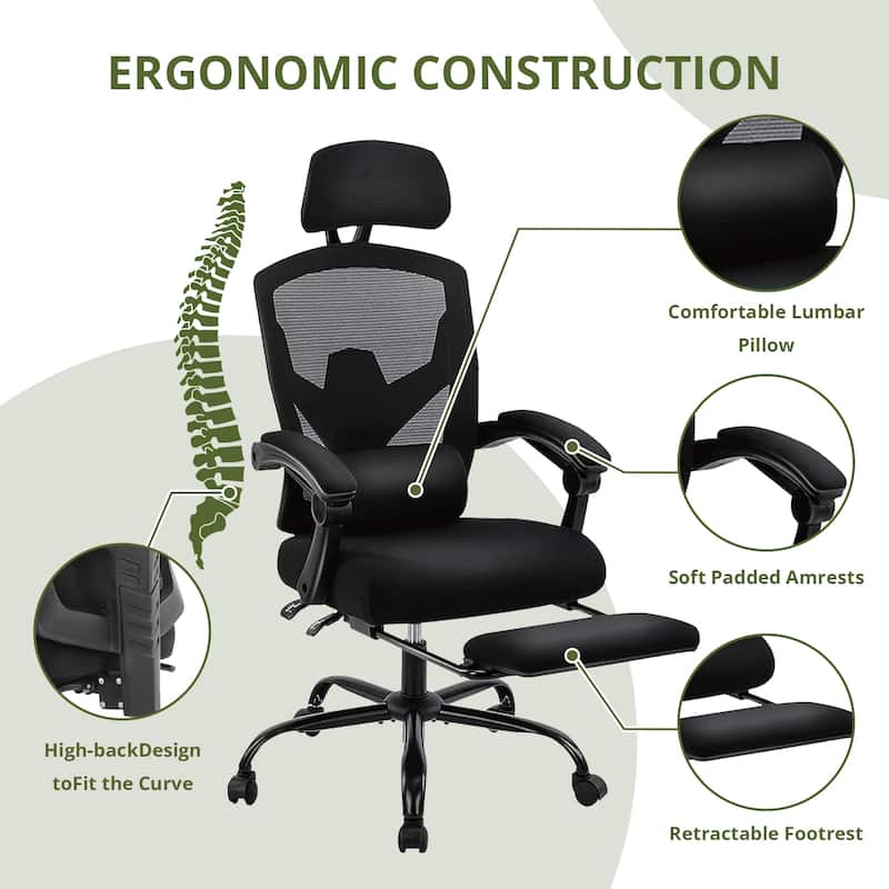Home Office Desk Chair with Footrest, High-Back Mesh Rolling Swivel Reclining Chairs with Wheels, Comfortable Headrest