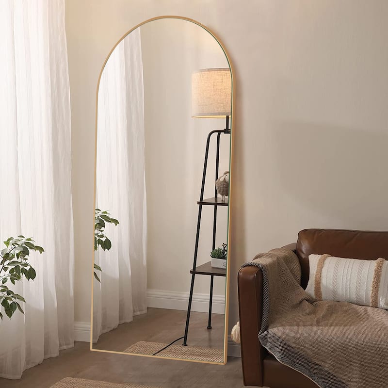 Arched Floor Mirror With Stand,Wood Frame Full Length Mirror,Wall-Mounted Mirror