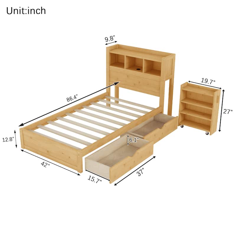 Wood Bed with Storage Headboard, Drawers and Pull Out Cabinet, Twin Full Bed with LED Light and Socket