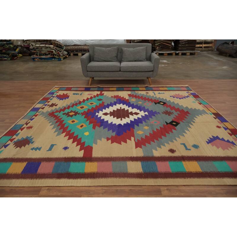Hand Woven Oriental 100% Wool Carpet Southwestern Tribal Multi-Colored Kilim Area Rug - 9' 9'' X 9' 9''