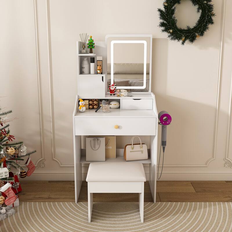 3-Color LED Vanity Mirror with Stool, Pink Dressing Table for Bedroom, 2 Drawers & 5 Storage Cabinets (4 Open + 1 Hidden) - White
