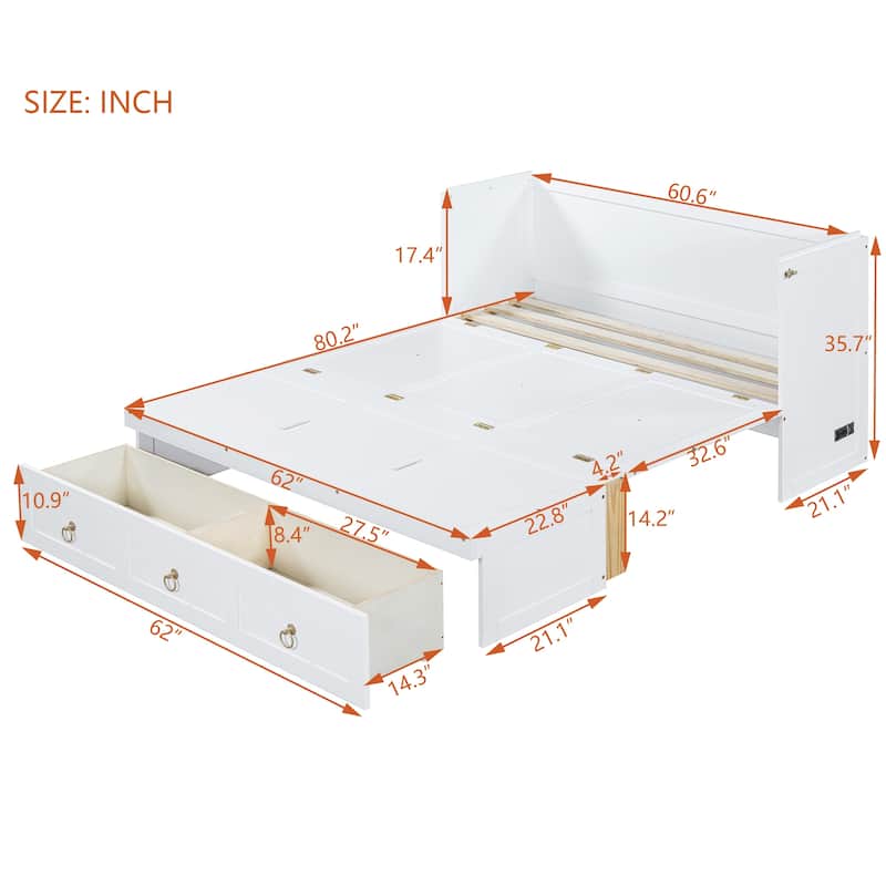 Full/Queen Murphy Bed with Built-in Power/USB Module, Wooden Foldable Wall Bed w/Large Storage Drawer for Home Office Guest Room