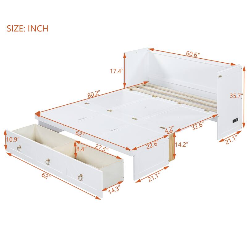 Space-Saving Queen Murphy Bed with Built-in USB Charging, Large Storage Drawer & Dual Finish Options