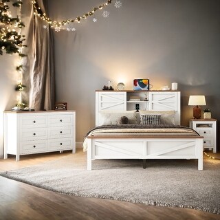 3-Piece Queen Size Bedroom Set - Farmhouse Platform Bed with Double Sliding Door Storage Headboard, Nightstand, and Dresser