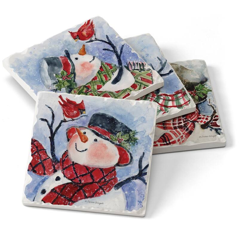 Counterart Absorbent Stone Coaster, Watercolor Snowman, Set of 4 - 4.01x4.38