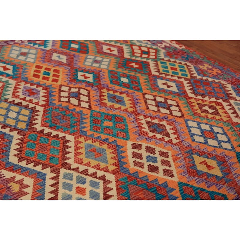 Colorful Kilim Oriental Area Rug Flatweave Orange Wool Carpet - 7'9"x 10'2"
