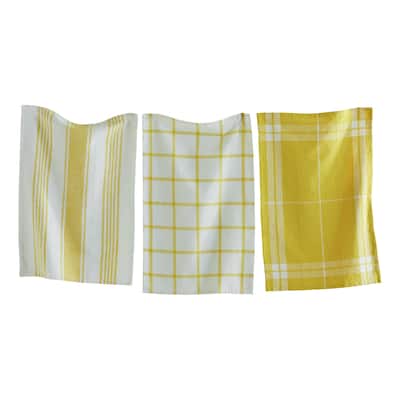 Classic Dishtowel Set Of 3 Check Stripe Window Pane Yellow Cotton Yarn Dye Slub Weave Enzyme Wash Machine Wash 26L x 18W