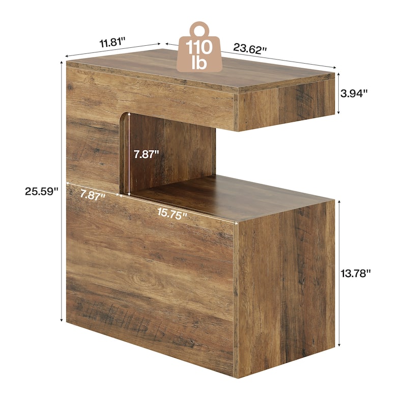 C-Shaped End Table, Couch Side Table with 2-Tier Storage Shelf