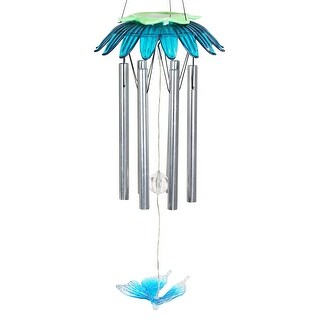 Exhart Solar LED Blue Flower Hanging Wind Chime with Butterfly Charm, 7 by 27.5 Inches