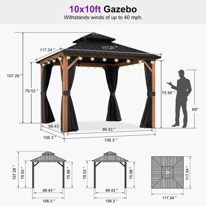 PURPLE LEAF Patio Hardtop Gazebo for Outdoor Wood Grain Aluminum Frame Galvanized Steel Double Roof and Backyard Garden