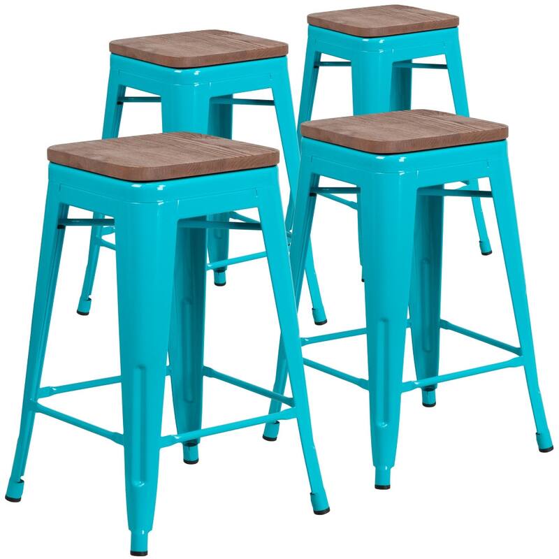4 Pk. 24" High Backless Counter Height Stool with Square Wood Seat