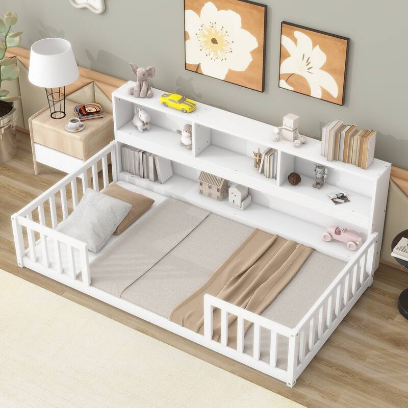Twin Floor Bed with Bedside Bookcase, Shelves, and Guardrails in White