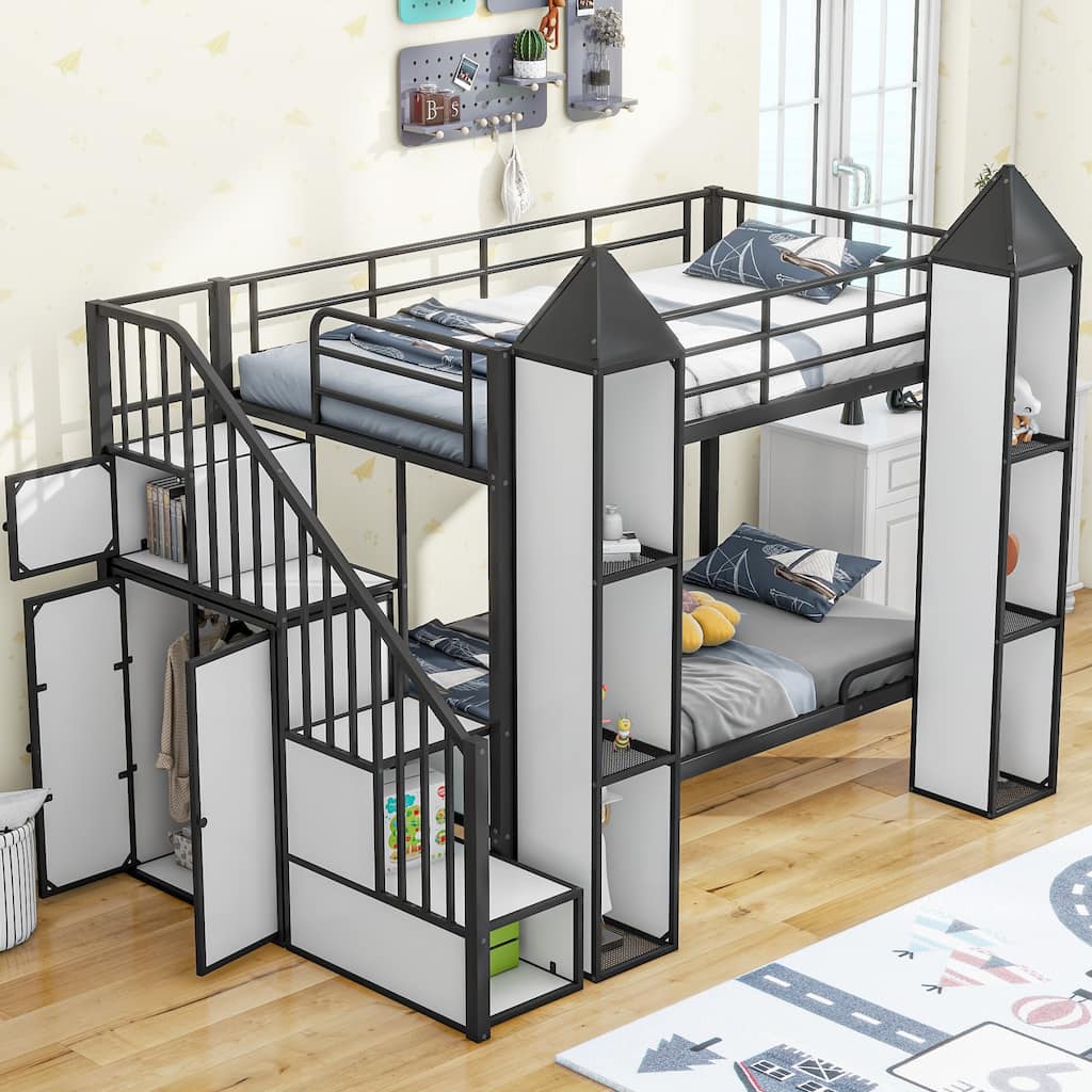 Castle-shaped Metal Twin over Twin Bunk Bed with Built-in Wardrobe and Storage Stairs