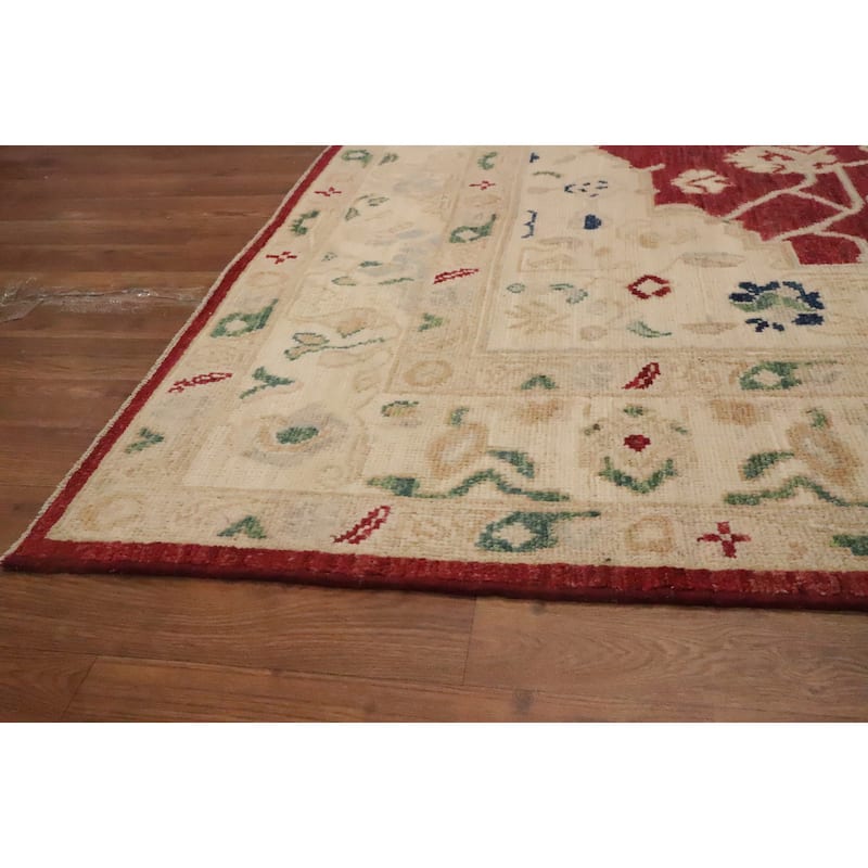 Hand Knotted Oriental 100% Wool Carpet Transitional Medallion Red Oushak Area Rug - 9' 8'' X 8' 2''