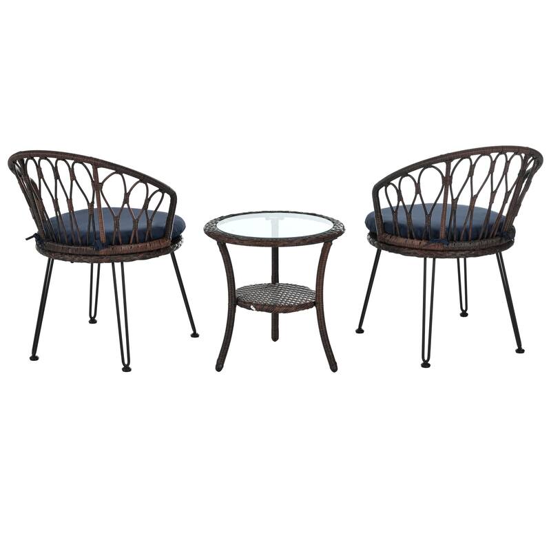 Outdoor Leisure Set,2 Rattan Chairs and Glass Table,Perfect for Patios,Balconies and Courtyards