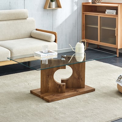 A rectangular coffee table with tempered glass tabletop and wooden color MDF legs,Suitable for living room