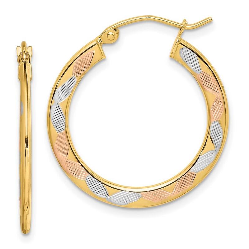 Curata 14k Yellow Gold With White and Rose Rhodium Sparkle Cut Hoop Earrings - 22.05mm long