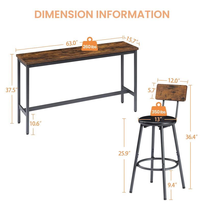 Long Bar Table Set with 3 PU Upholstered Bar Stools, Industrial Bar Table and Chairs