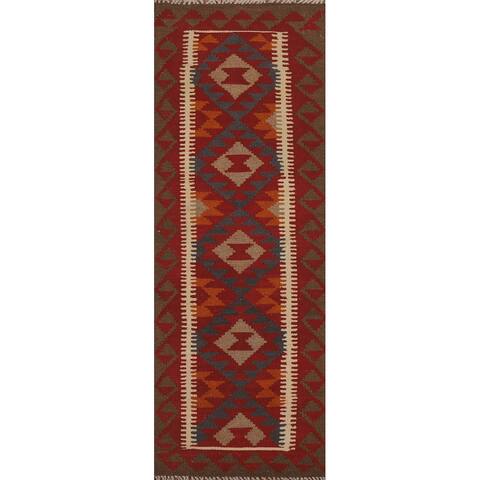 Kilim Reversible Runner Rug Red Hand-woven Wool Carpet - 2'0" x 6'7"