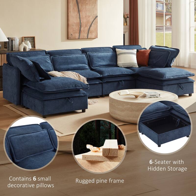 Modern U Shaped Modular Sofa with Dual Layer Cushions and Hidden Storage for Living Room and Guest Room