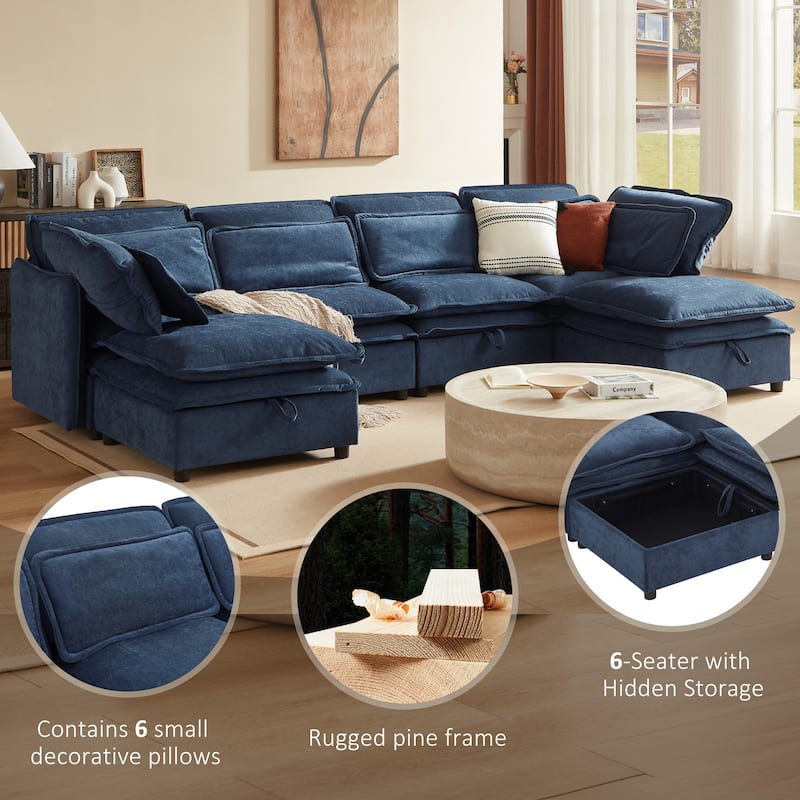 U-Shaped Double Cushions Modular Sectional Sofa with Storage Ottomans
