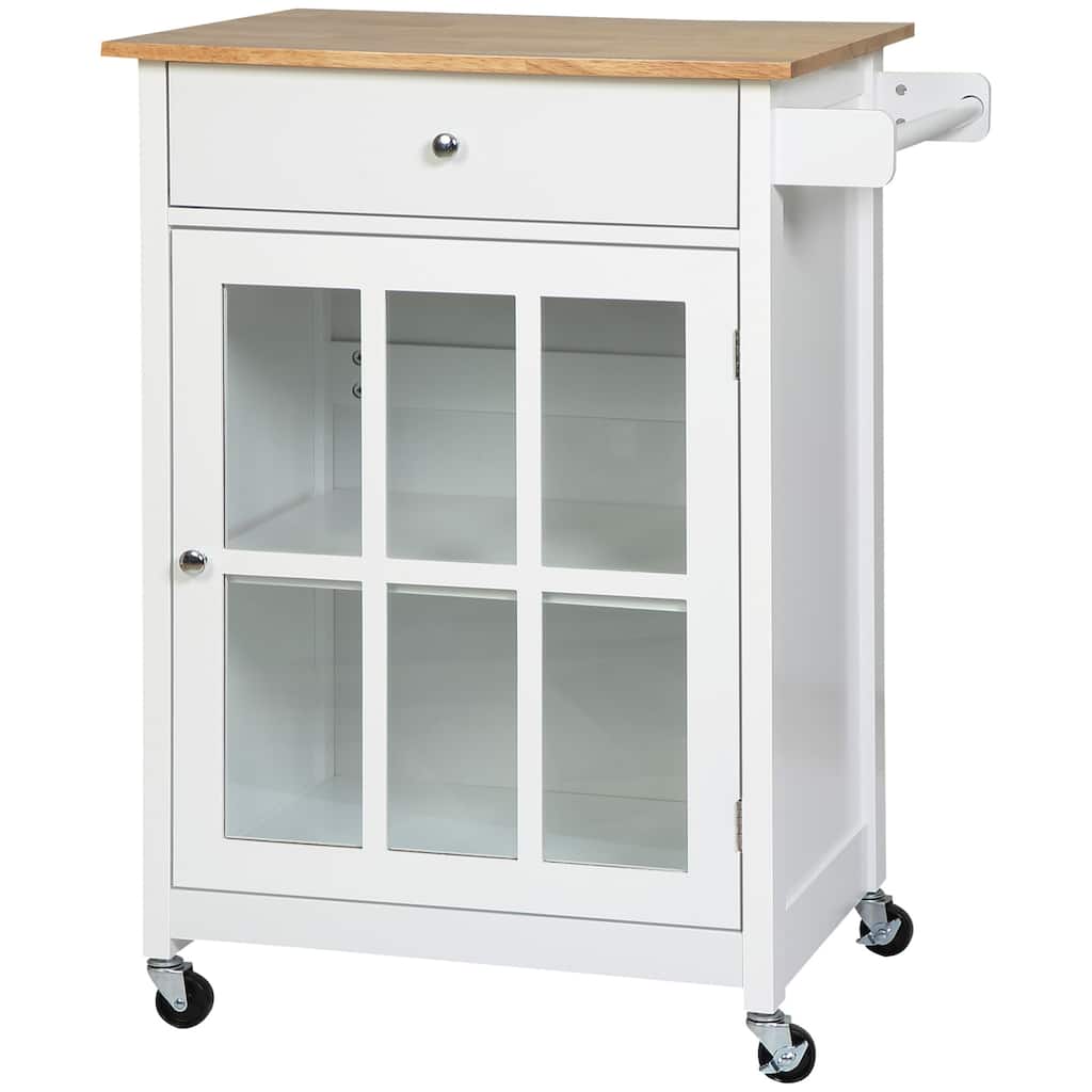 27" Rolling Kitchen Island Cart With Drawer And Glass Door Cabinet(no include stool)