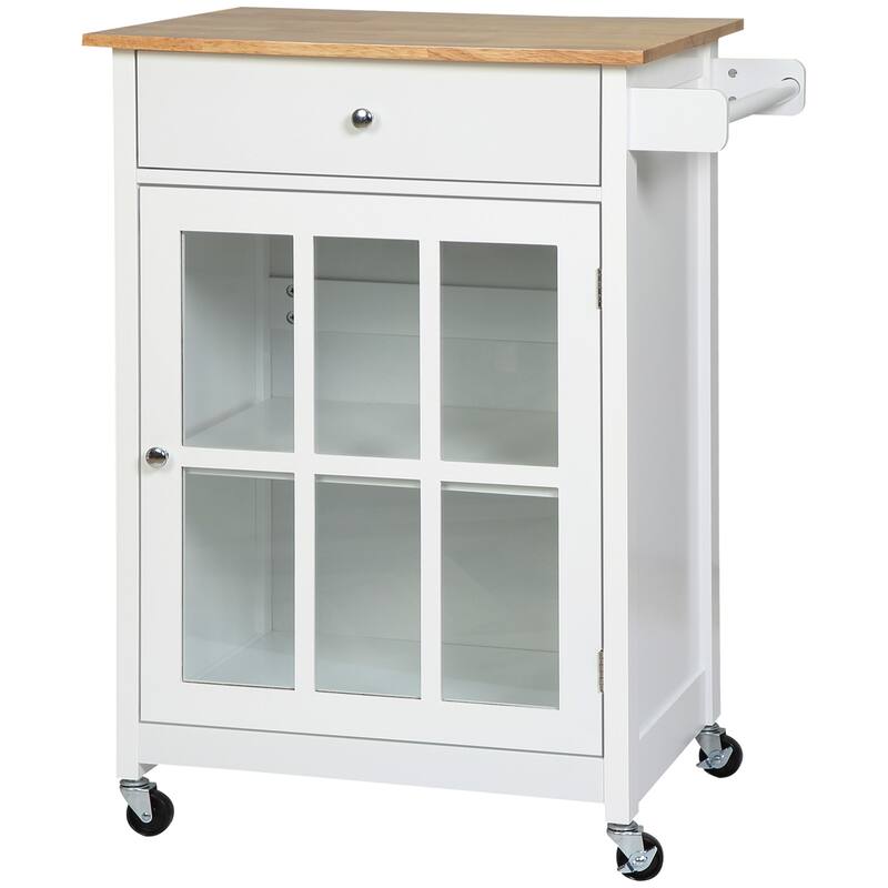 HOMCOM 27" Rolling Kitchen Island Cart with Drawer and Glass Door Cabinet, Kitchen Trolley with Adjustable Shelf and Towel Rack