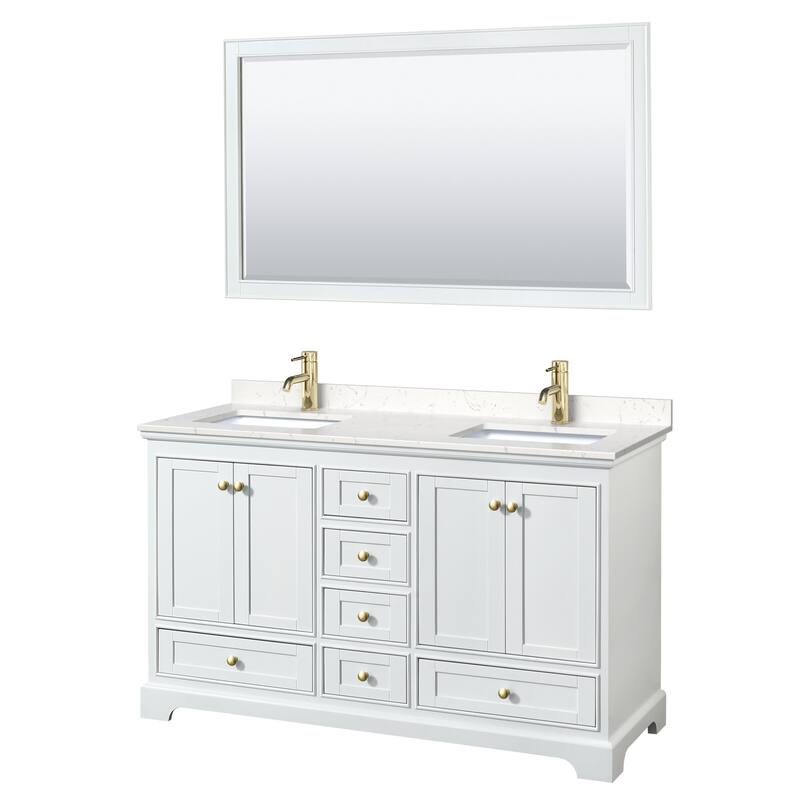 Wyndham Collection Deborah 60" Free Standing Double Basin Vanity Set - White / Carrara Cultured Marble Top / Brushed Gold