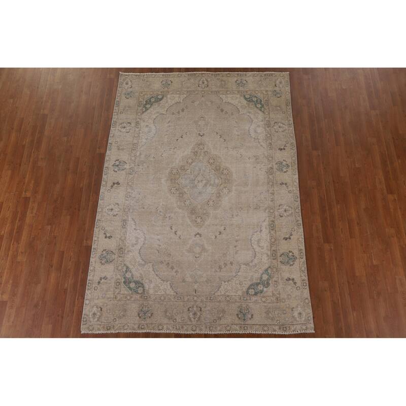 Vintage Distressed Tabriz Persian Rug Handmade Oriental Wool Carpet - 6'4" x 9'3"