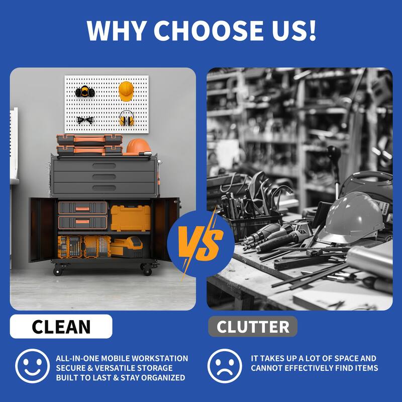 34.3" Rolling Metal Tool Cabinet, Heavy Duty Garage Storage with Lockable Doors & 3 Drawers, Mobile Workbench Organizer