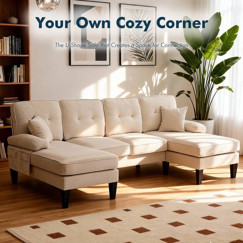 HOMEFUN Linen Upholstered U-Shaped 4-seater Tufted Wood Frame Sectional Sofa with Side Pocket