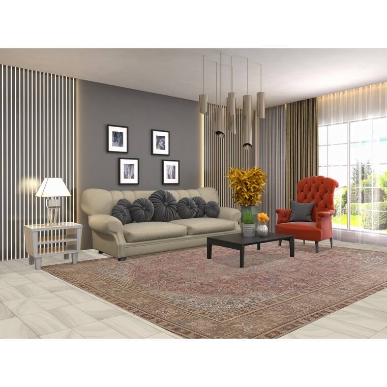 Pink Geometric Mashad Persian Vintage Area Rug Handmade Wool Carpet - 8'1"x 11'1"