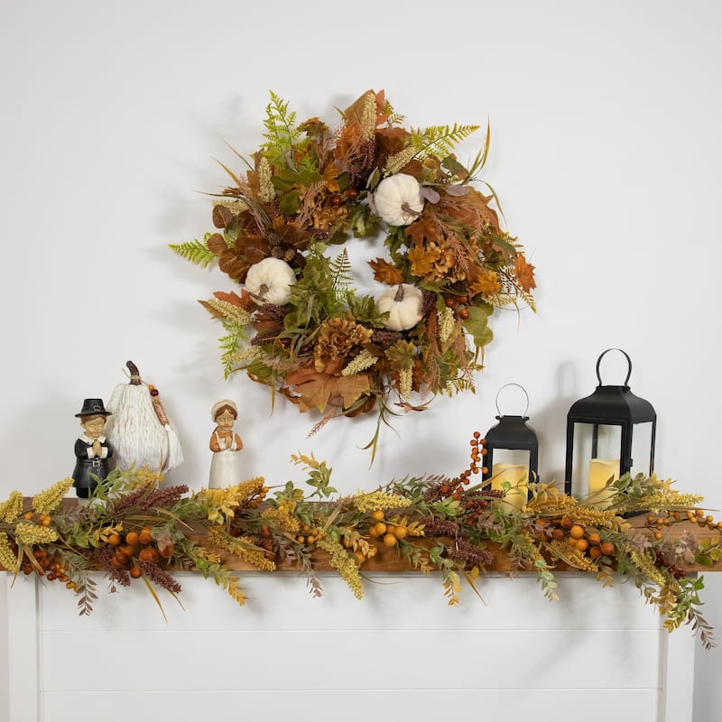 Pumpkins and Leaves Artificial Fall Harvest Wreath - 26" - Unlit
