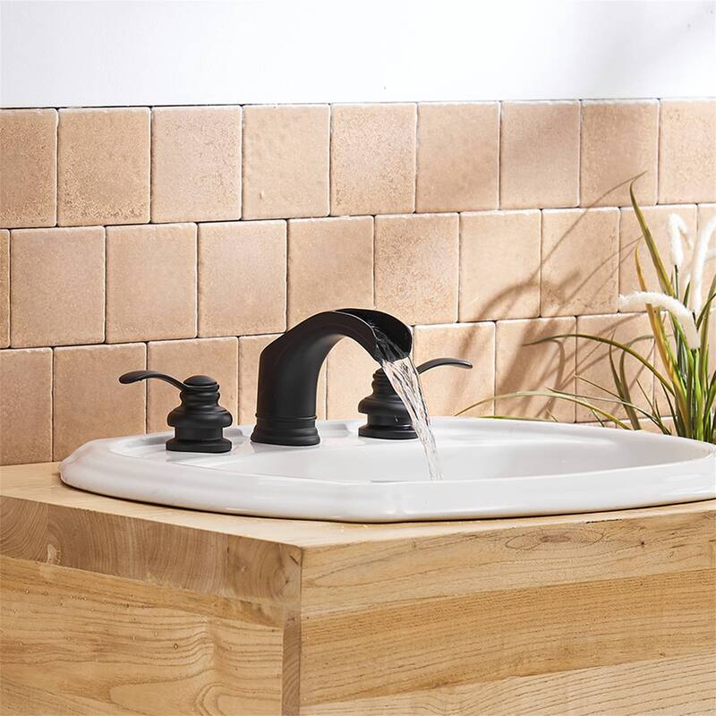 Waterfall Widespread Bathroom Sink Faucet With Drain Assembly 8 Inch Basin Vanity Faucets 3 Hole Modern Double Handle Black Taps