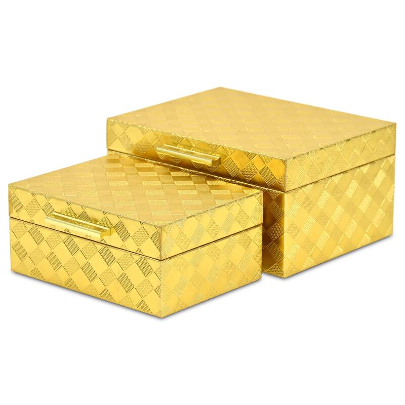 Zuleika Set of 2 Rectangular Decorative Storage Boxes - Gold Checkered Diamond Pattern - N/A