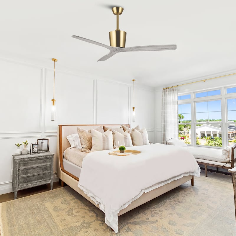 54" Modern Gold Solid Wood 3-Blade Indoor Outdoor Ceiling Fan with Remote, No Light