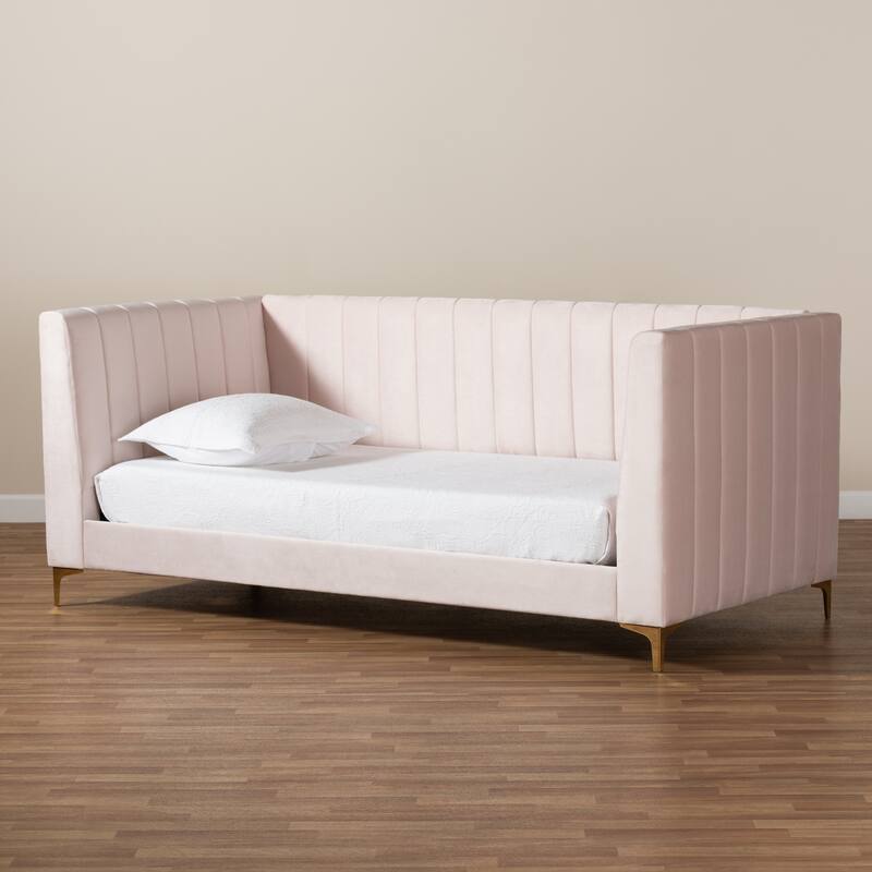 Pink Velvet Upholstered Twin Daybed with Channel Tufting and Gold Metal Legs, Luxe Contemporary Guestroom Bed