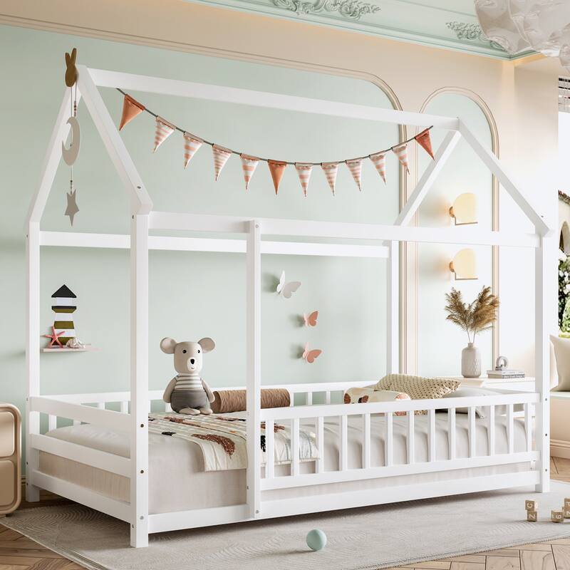 Twin Size Floor Wooden Bed with House Roof Frame, Fence Guardrails