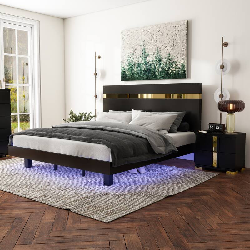 Furniture of America Halifax Modern 2-Piece Wood Black Platform Bedroom Set with Underbed LED - Queen
