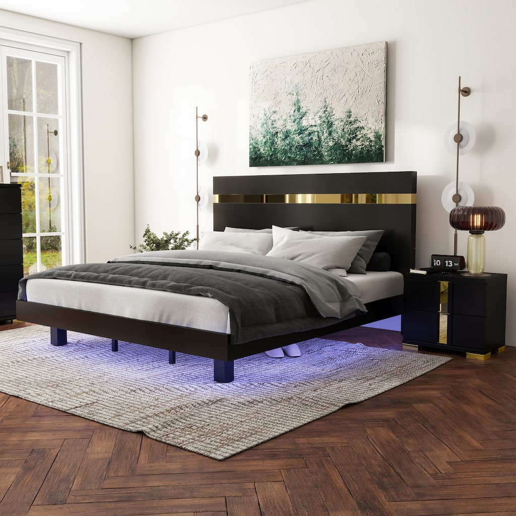 Furniture of America Halifax Modern 2-Piece Wood Black Platform Bedroom Set with Underbed LED