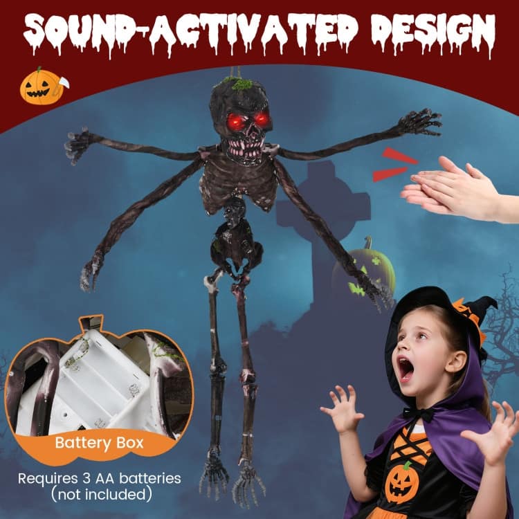 Black PE Fabric Animated Halloween Skeleton with Sound and Poseable Arms