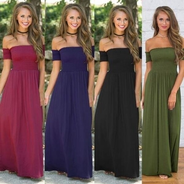 Ladies Solid Color Shoulder Long Dress. Opens flyout.