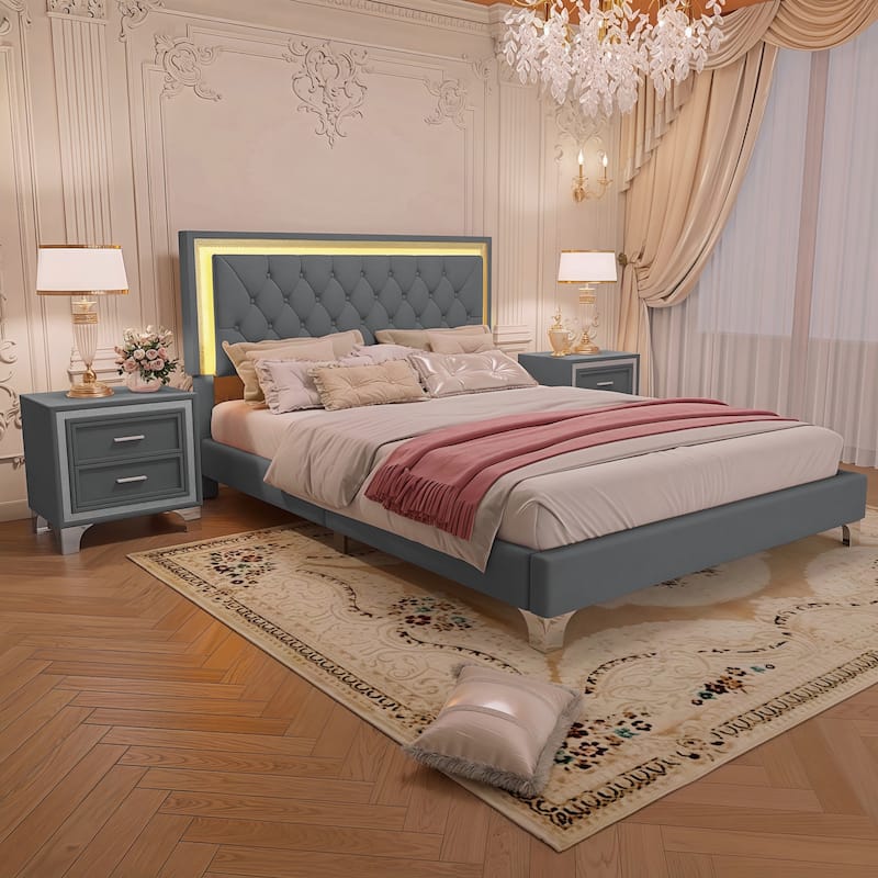 Queen Size Velvet Upholstered Set Platform Bed with LED Headboard and 2 Nightstands (3-Piece)